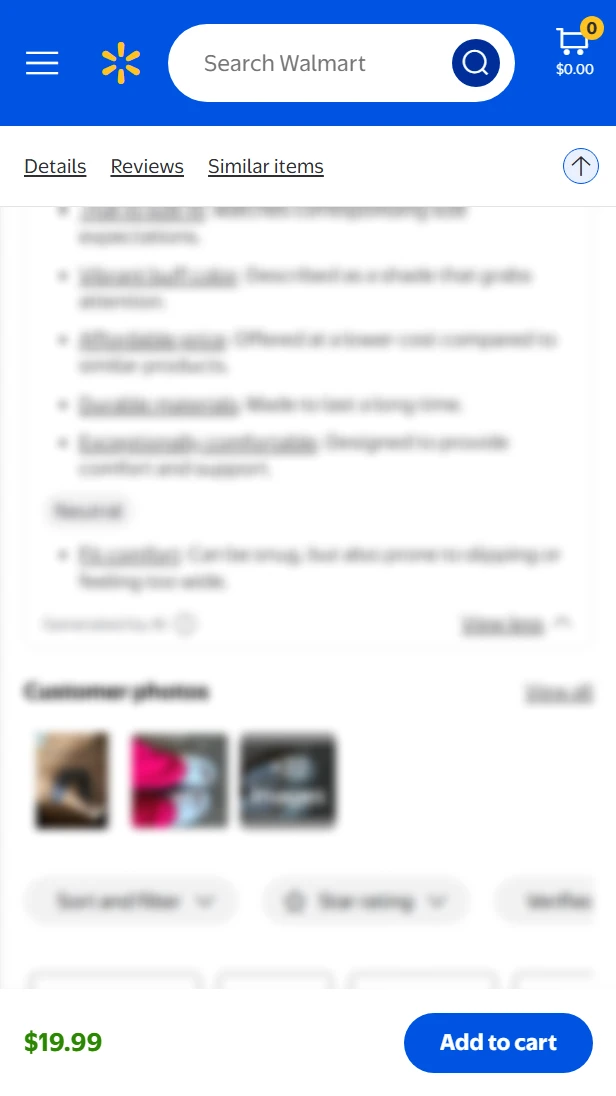 Walmart product page sticky CTA example