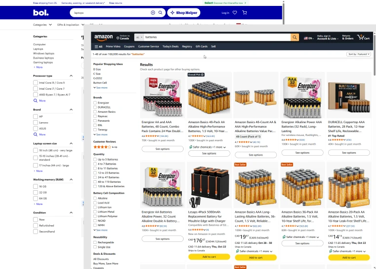 Bol.com and Amazon search results, which open product pages in the same tab