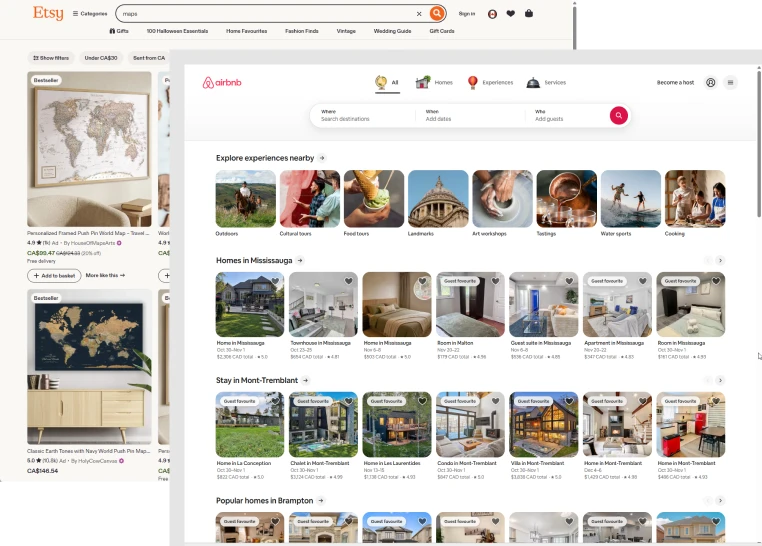 Etsy and Airbnb search results, which open listing pages in a new tab